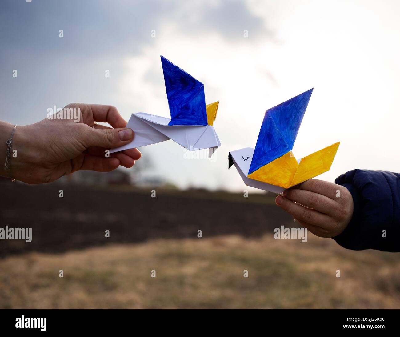 2 paper doves of peace, wings are painted in yellow - blue colors of the Ukrainian flag against the sky. Support Ukraine. Stop the war in Ukraine. Chi Stock Photo