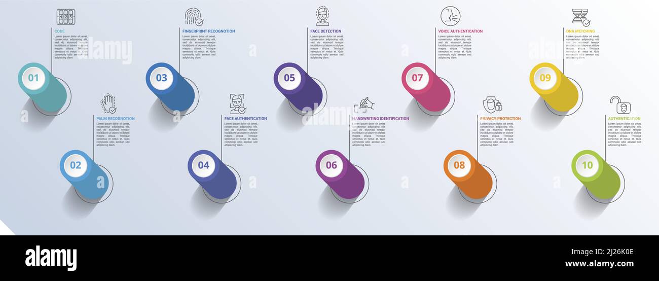 Infographic Authentication icons vector illustration. 10 colored steps info template with editable text. Stock Vector