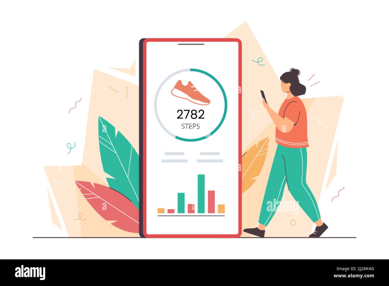 Flat woman using mobile for counting steps. Girl hold phone with pedometer or fitness tracker. Step counter app on smartphone. Track daily walking progress on device screen. Healthy lifestyle concept. Stock Vector