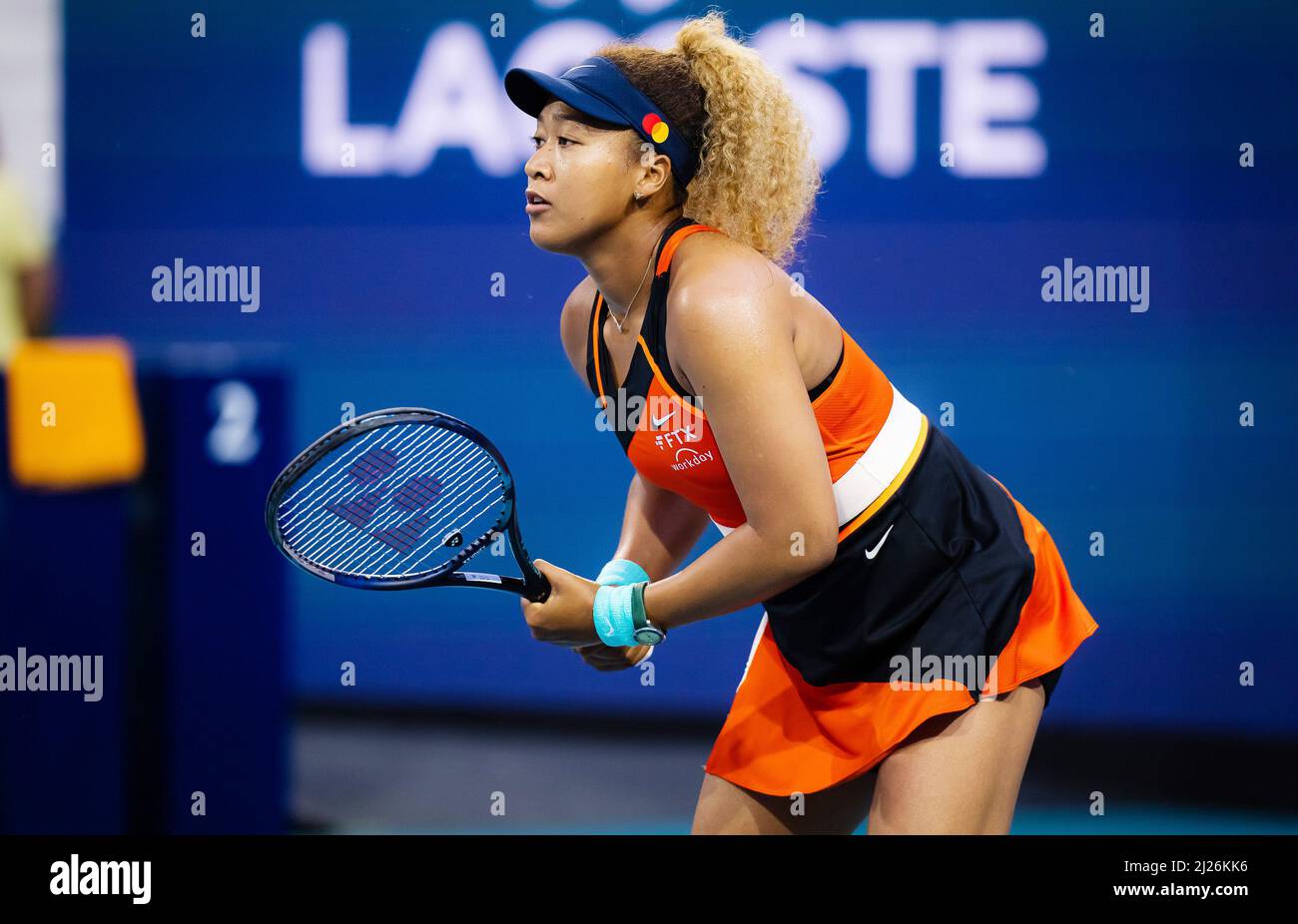 Naomi Osaka of Japan in action against Danielle Collins of the United States  during the quarter-final of the 2022 Miami Open, WTA Masters 1000 tennis  tournament on March 29, 2022 at Hard