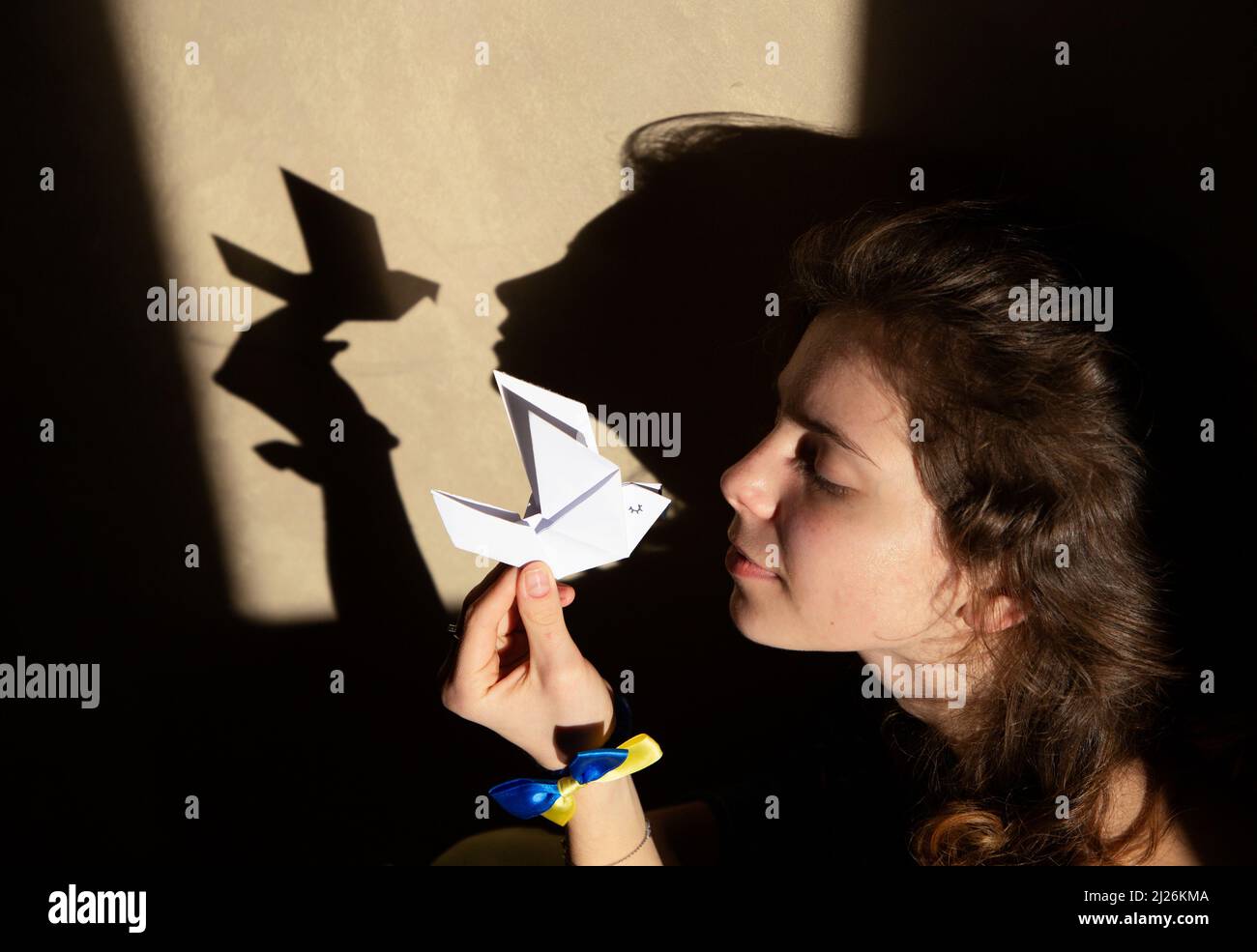 Shadows on the wall from a paper dove of peace and a woman's face. Stop the war in Ukraine. Ukrainians are asking for peace. play of shadow and light. Stock Photo