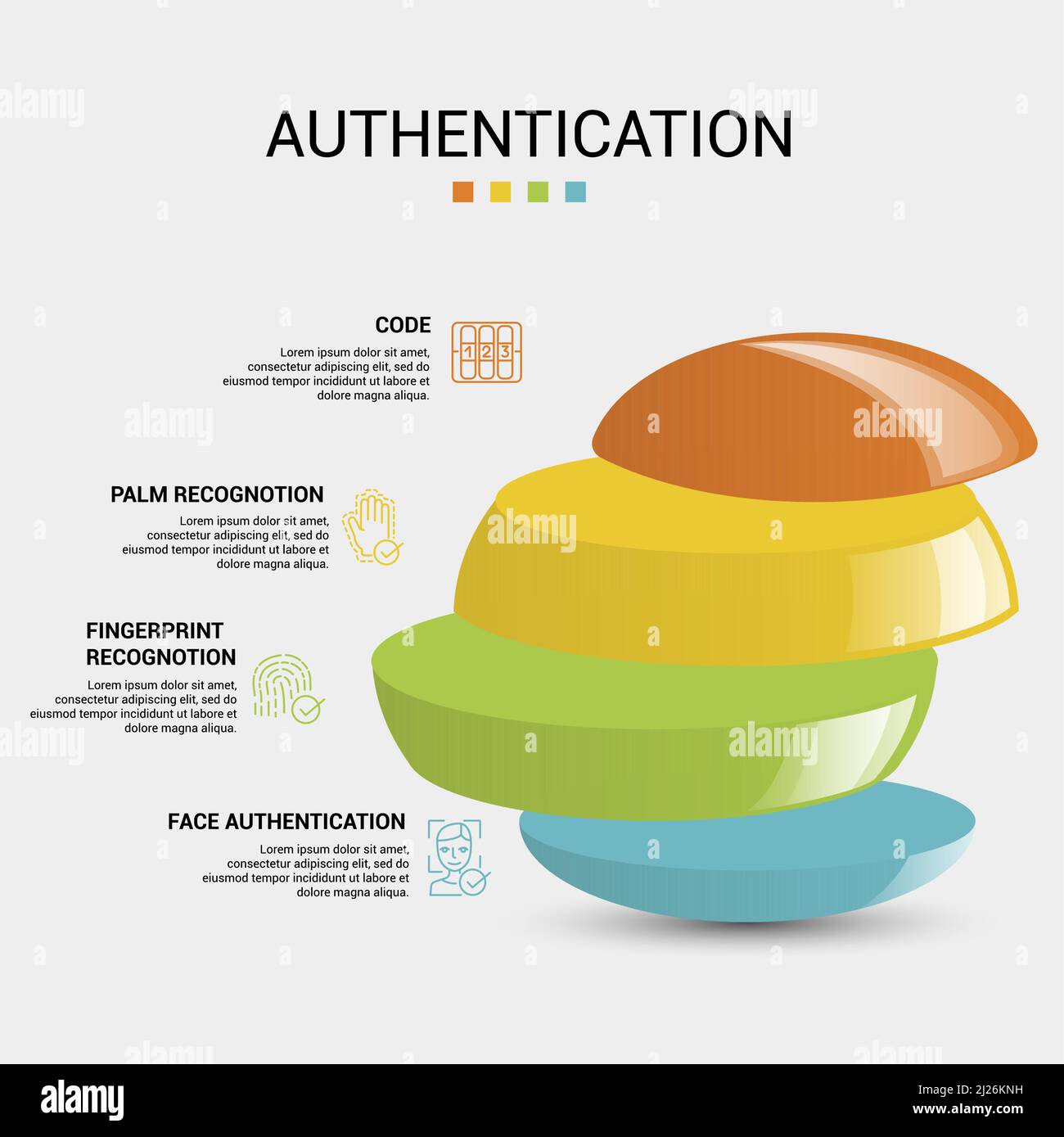 Infographic Authentication icons vector illustration. 4 colored steps info template with editable text. Stock Vector