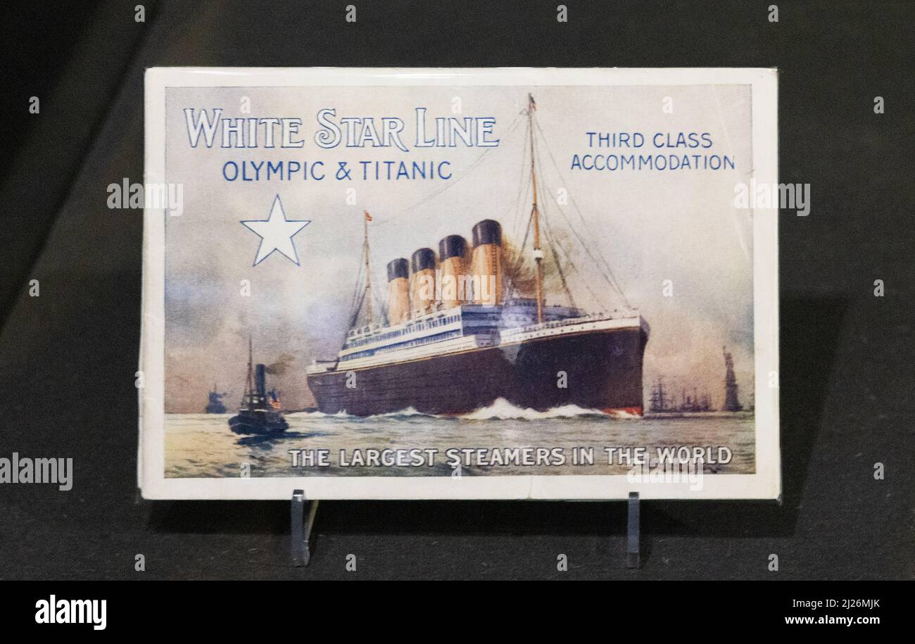 Titanic artifacts from the Titanic sinking; Brochure issued by White Star Line advertising third class accommodation, Titanic Exhibition, London UK Stock Photo