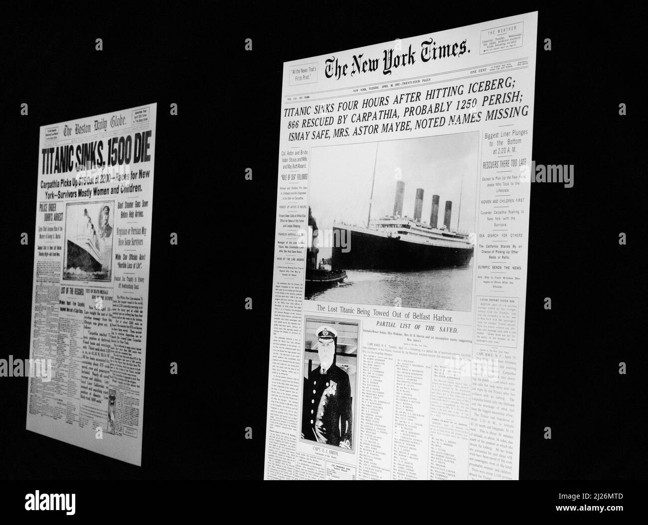 Titanic Newspaper; Newspaper headlines about the Titanic sinking, The Titanic Exhibition, London UK Stock Photo
