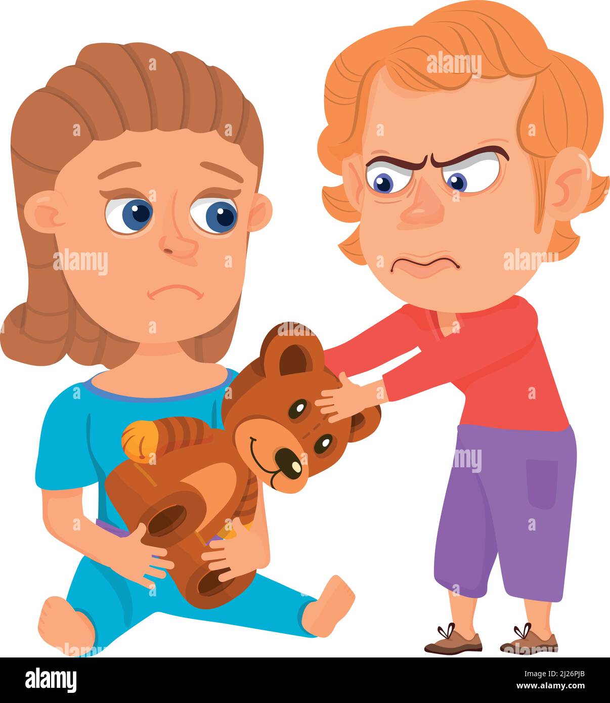 Angry boy tearing toy from girl. Aggressive kid character Stock Vector
