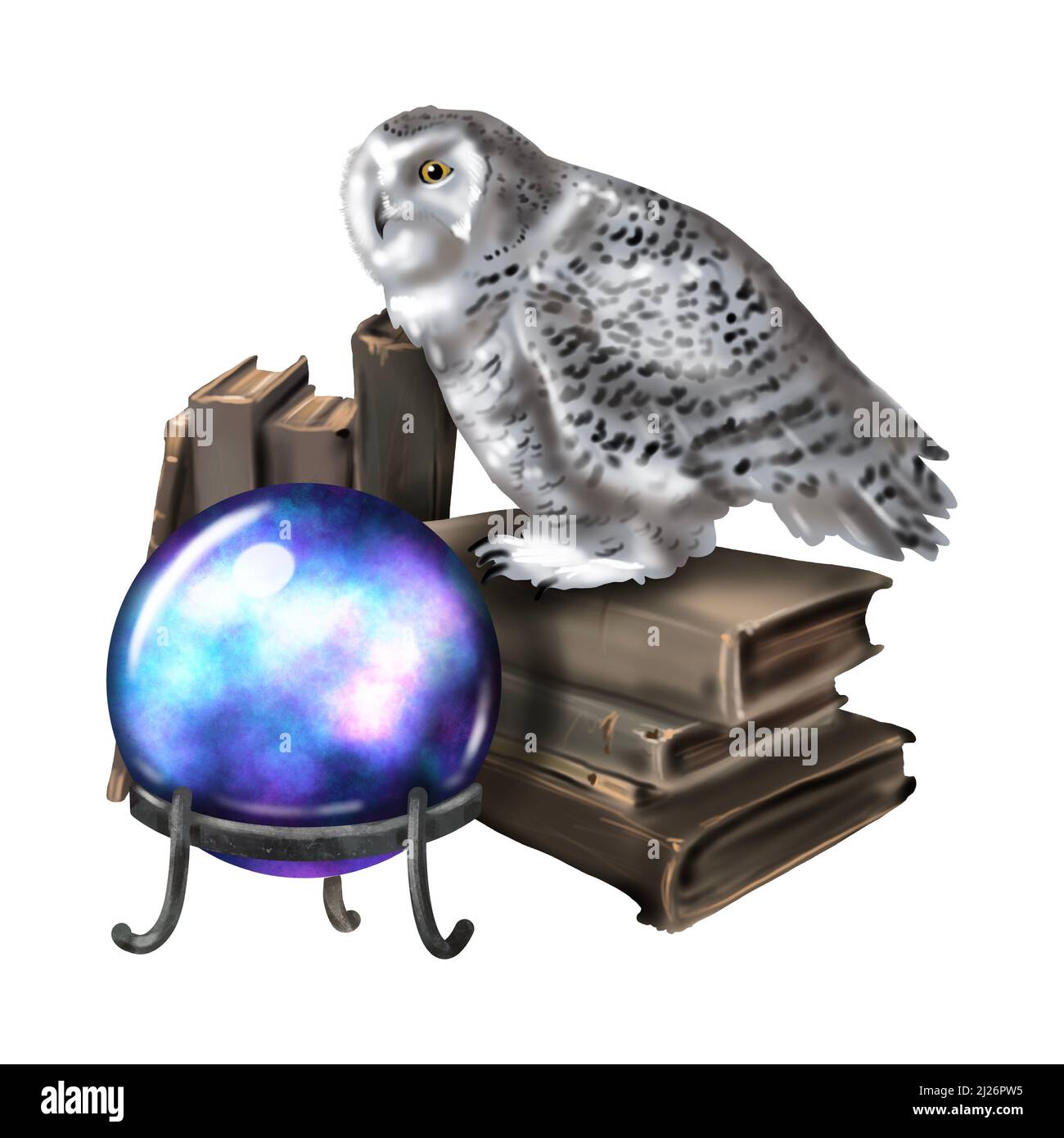 Watercolor illustration of a polar owl. Realistic owl is white with yellow eyes. Nuctea scandiaca, Snowy owl on books with a magic ball Stock Photo