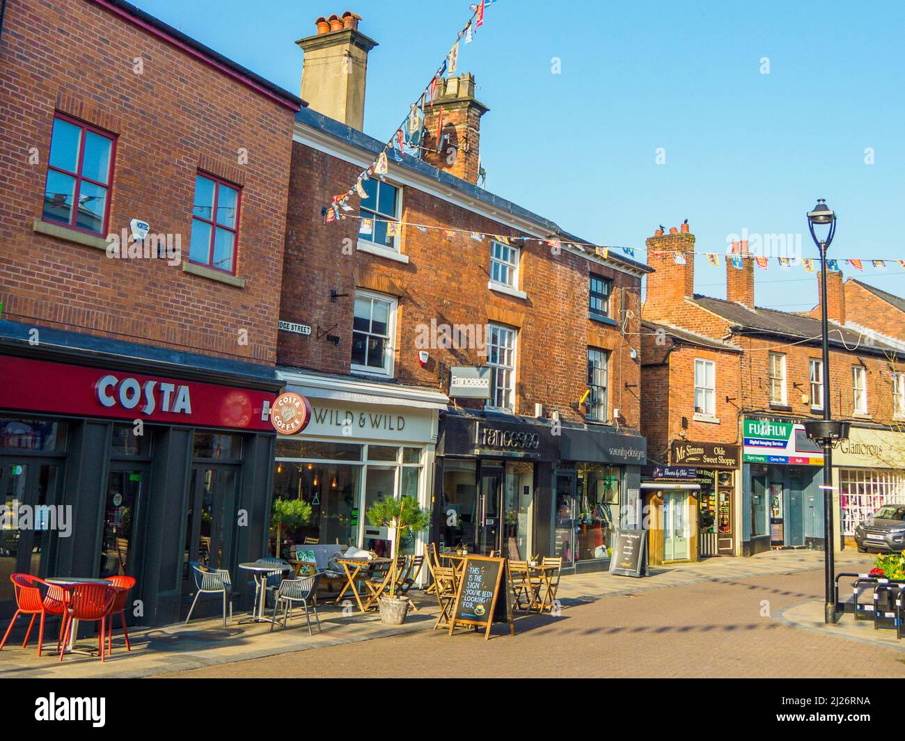 Bridge Street, Congleton, Cheshire, UK. Showing shops and cafes Stock Photo