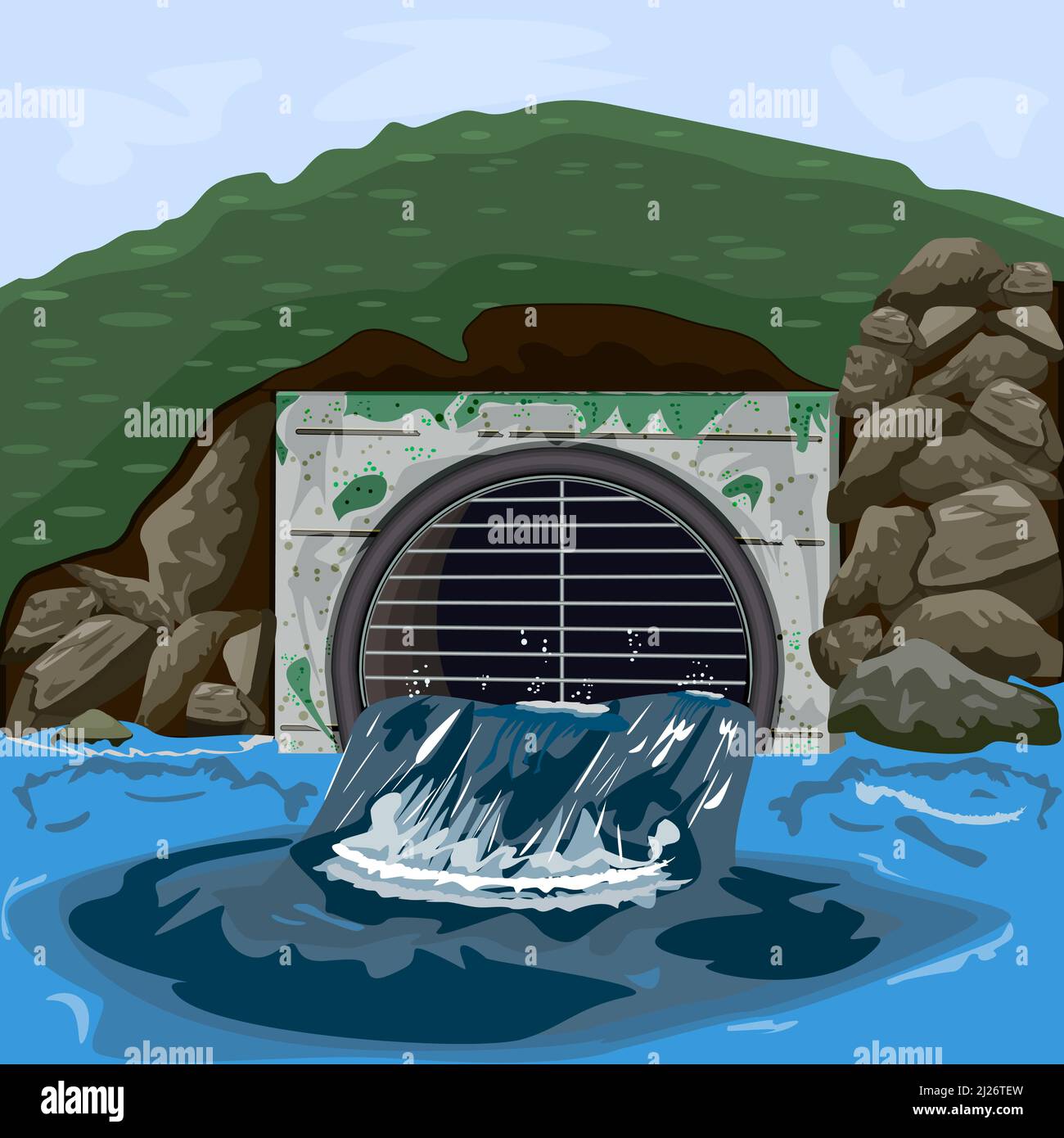 Pipe with wastewater. Industrial pipe discharge dirty water into pond