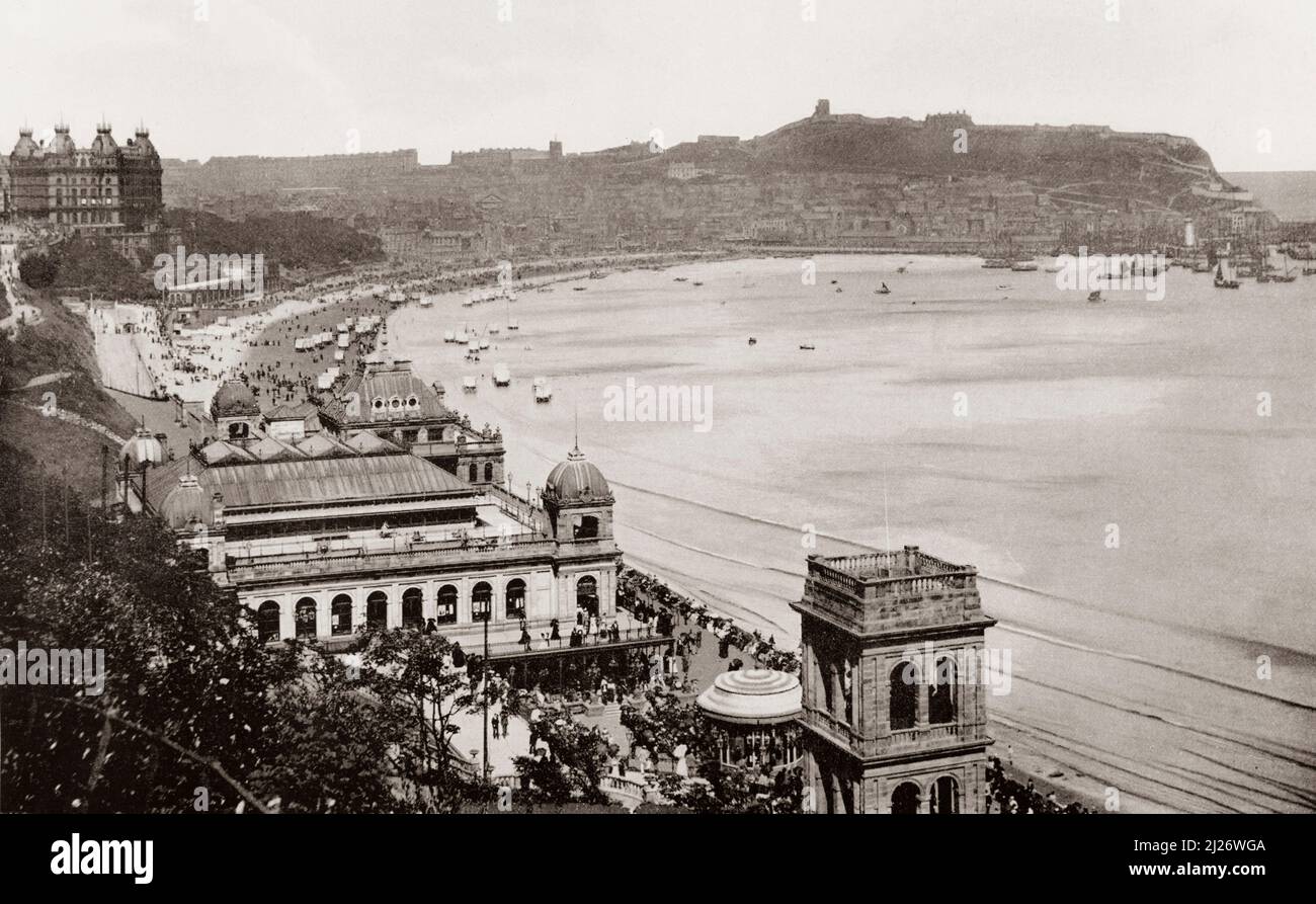 General view of the South Bay, Scarborough, North Yorkshire, England, seen here in the 19th century.  From Around The Coast,  An Album of Pictures from Photographs of the Chief Seaside Places of Interest in Great Britain and Ireland published London, 1895, by George Newnes Limited. Stock Photo