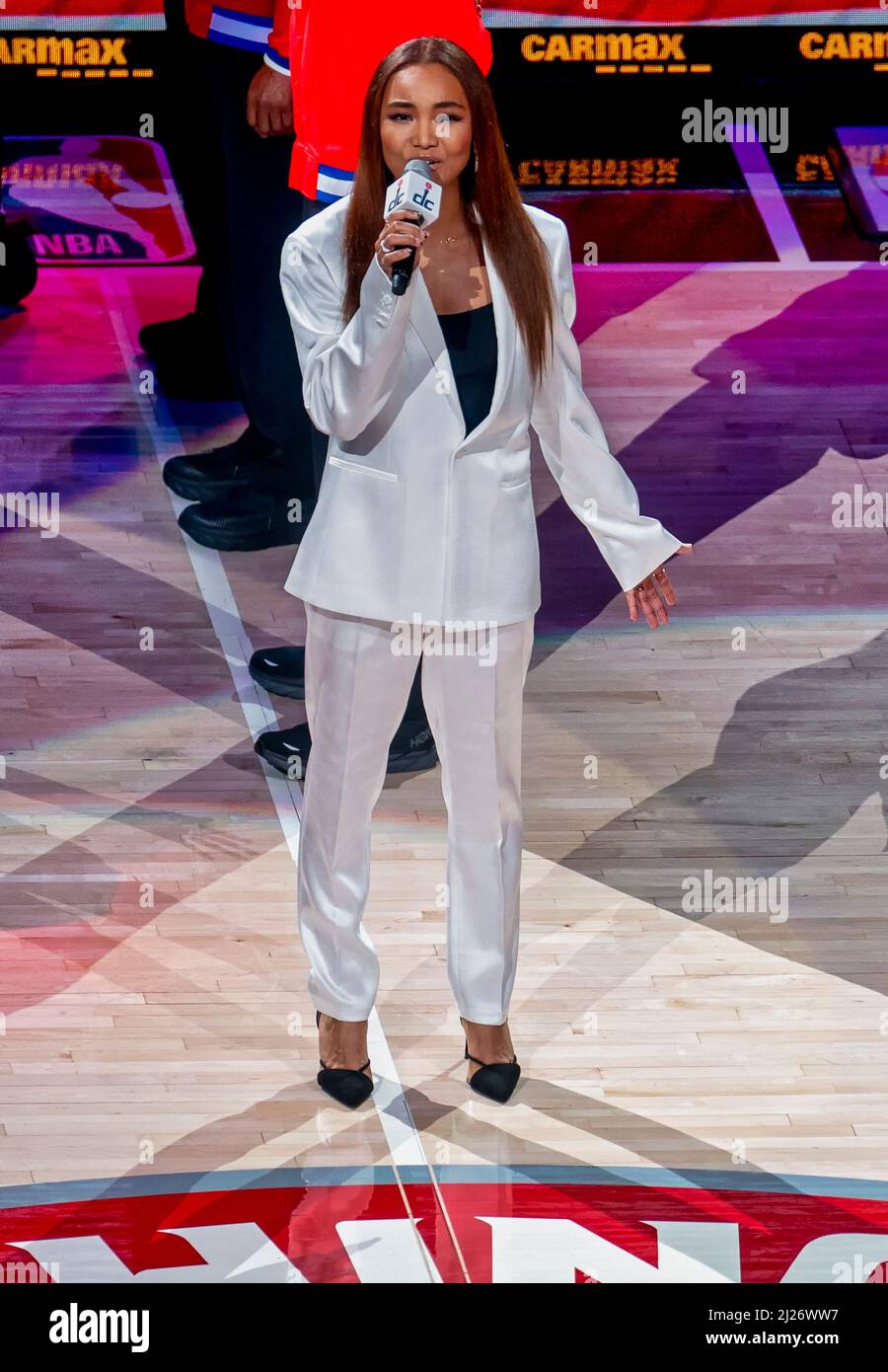 Japanese singing star Crystal Kay sings the American National Anthem at a Washington Wizards basketball game Stock Photo
