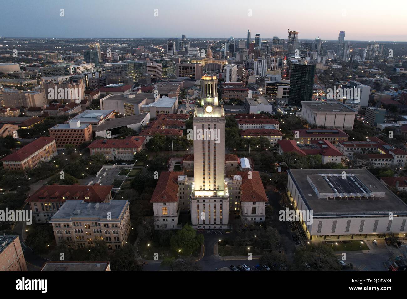 The UT Tower and Main Building on the University of Texas campus