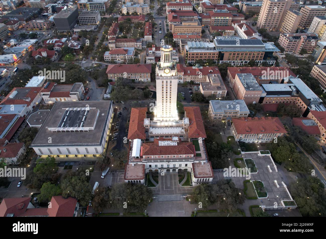 The UT Tower and Main Building on the University of Texas campus ...