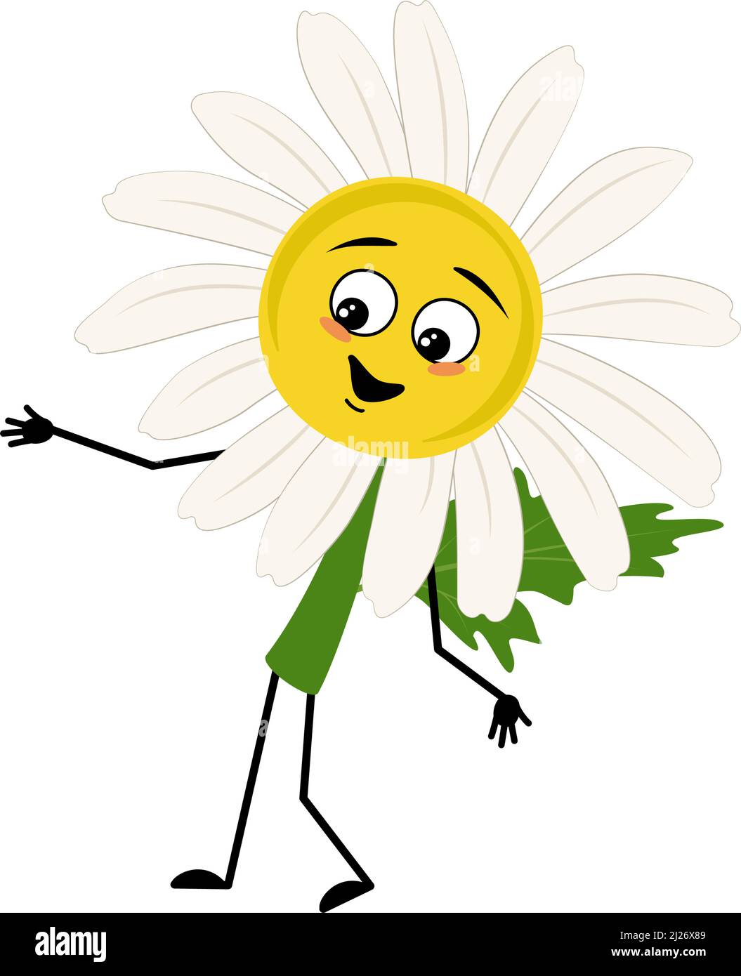 Chamomile character with happy emotion, joyful face, smile eyes, arms