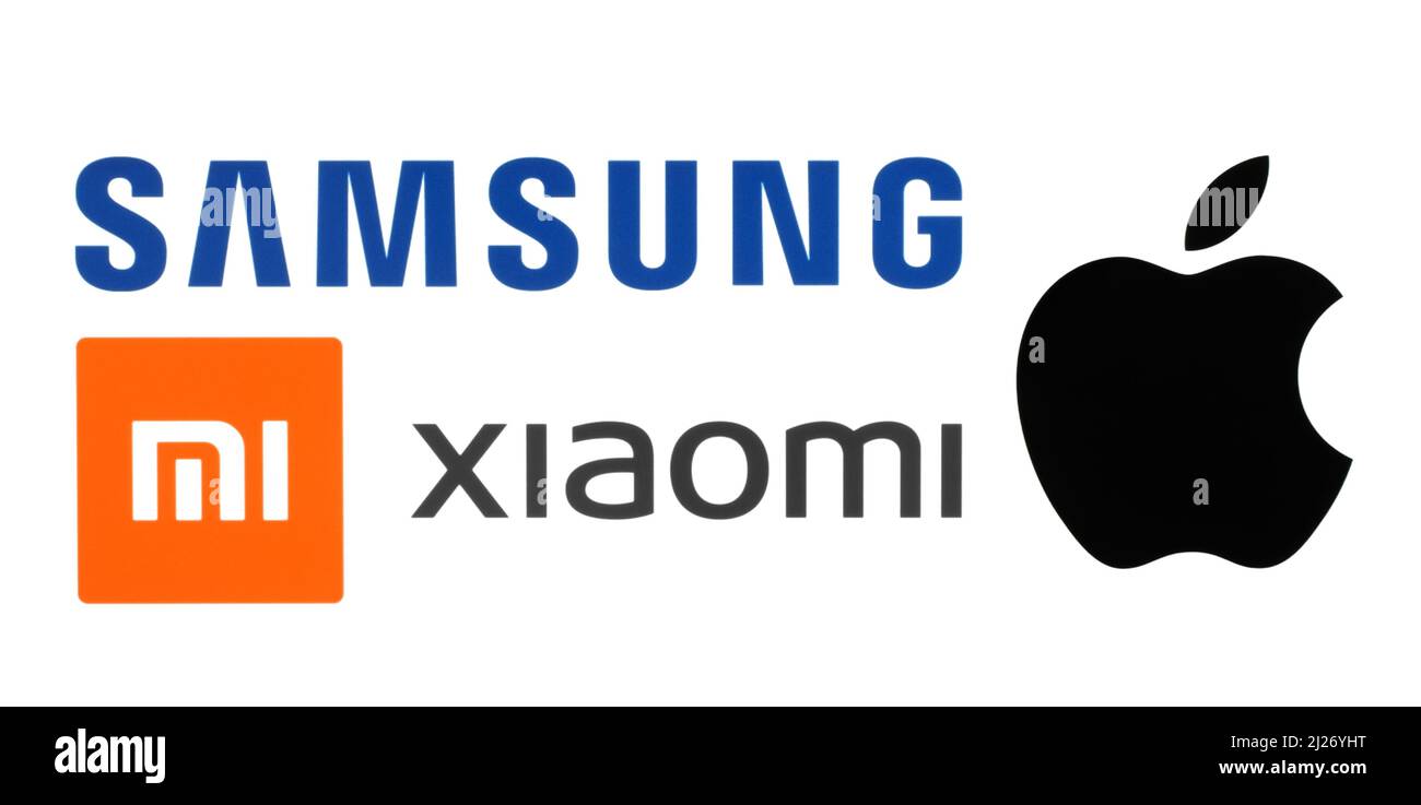 Kiev, Ukraine - February 08, 2022: Set of Logos of the biggest world smart phones manufacturers, such as: Samsung, Xiaomi and Apple Stock Photo