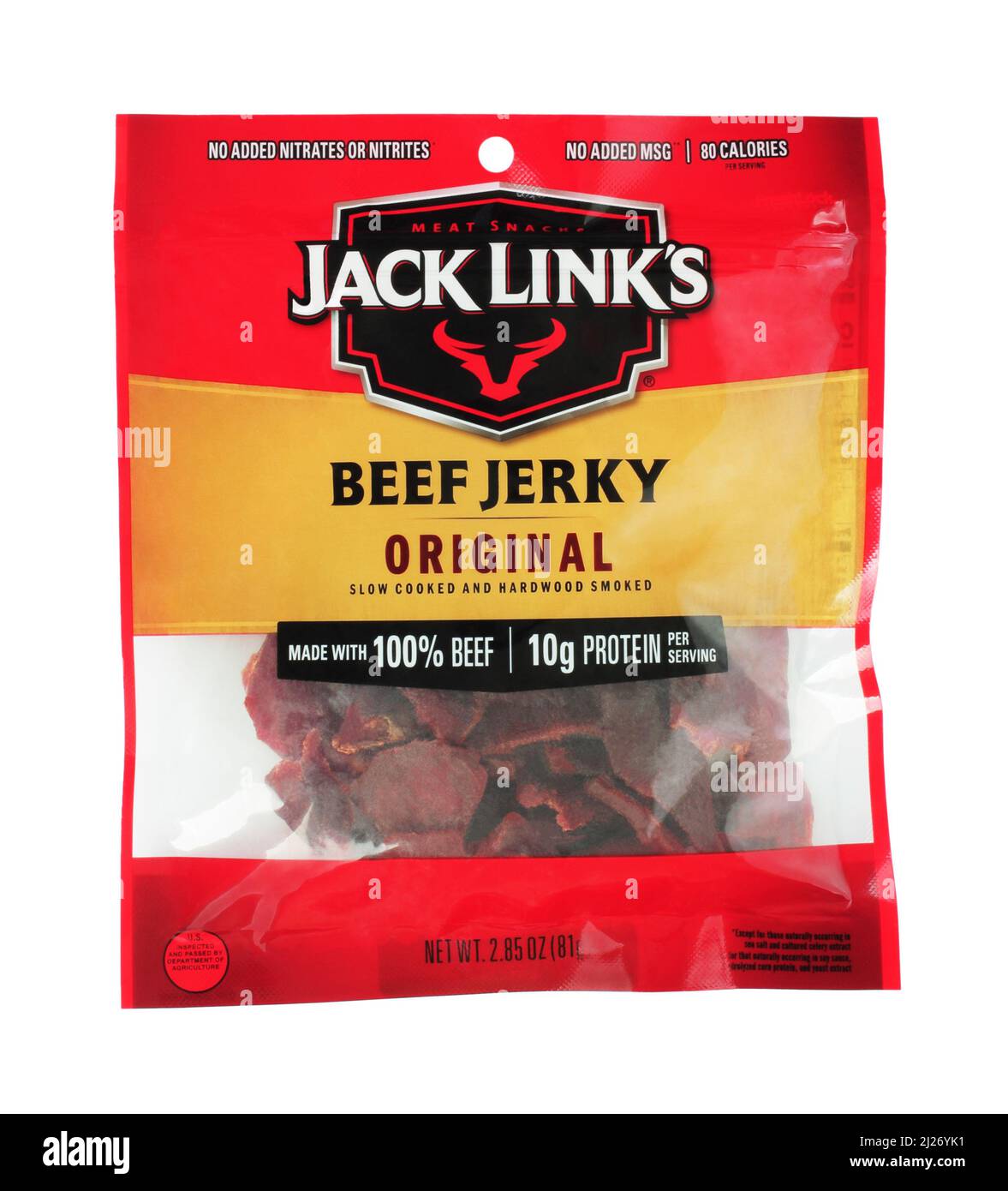 Kiev, Ukraine - January 27, 2022: Jack Link's Beef Jerkly meat snacks package, on white background. Link Snacks, Inc., better known as Jack Link's, is Stock Photo