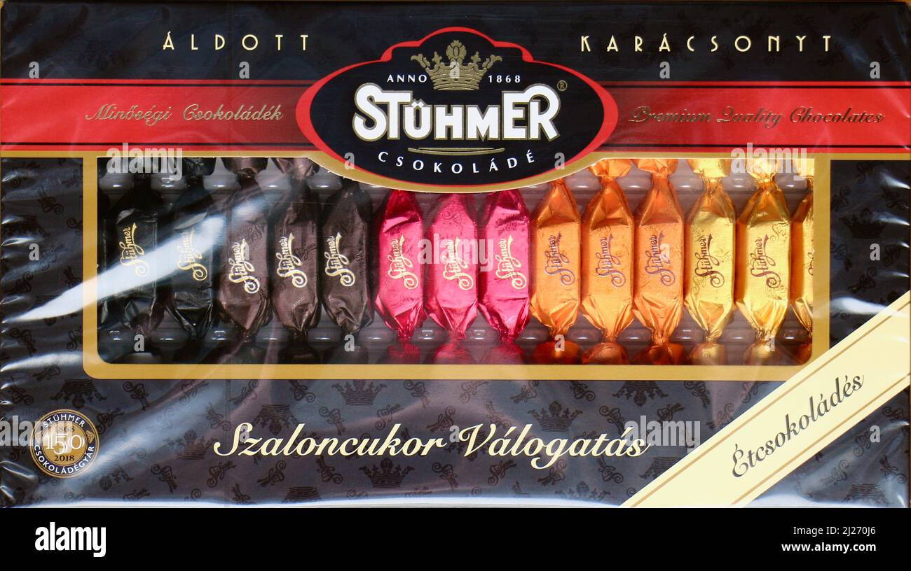 Photo of the Top view close up of a box of Hungarian Stuhmer premium  quality chocolates unopened in cellophane Stock Photo - Alamy