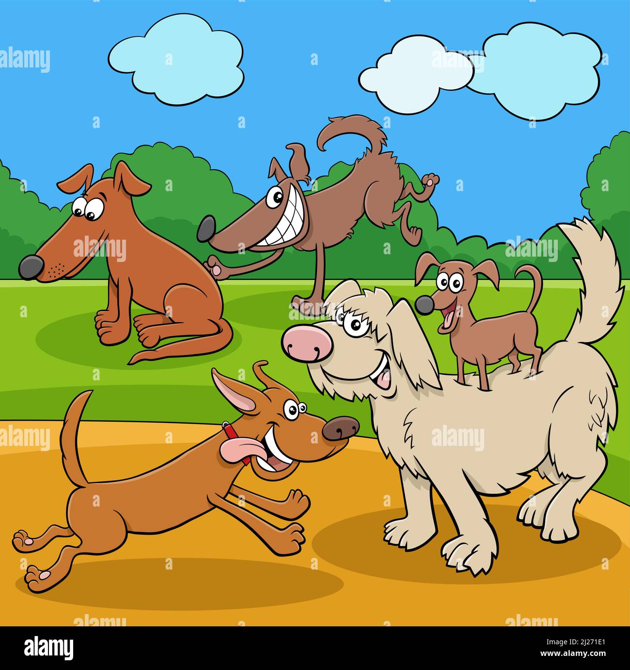 Cartoon illustration of playful dogs and puppies animal characters in a park Stock Vector