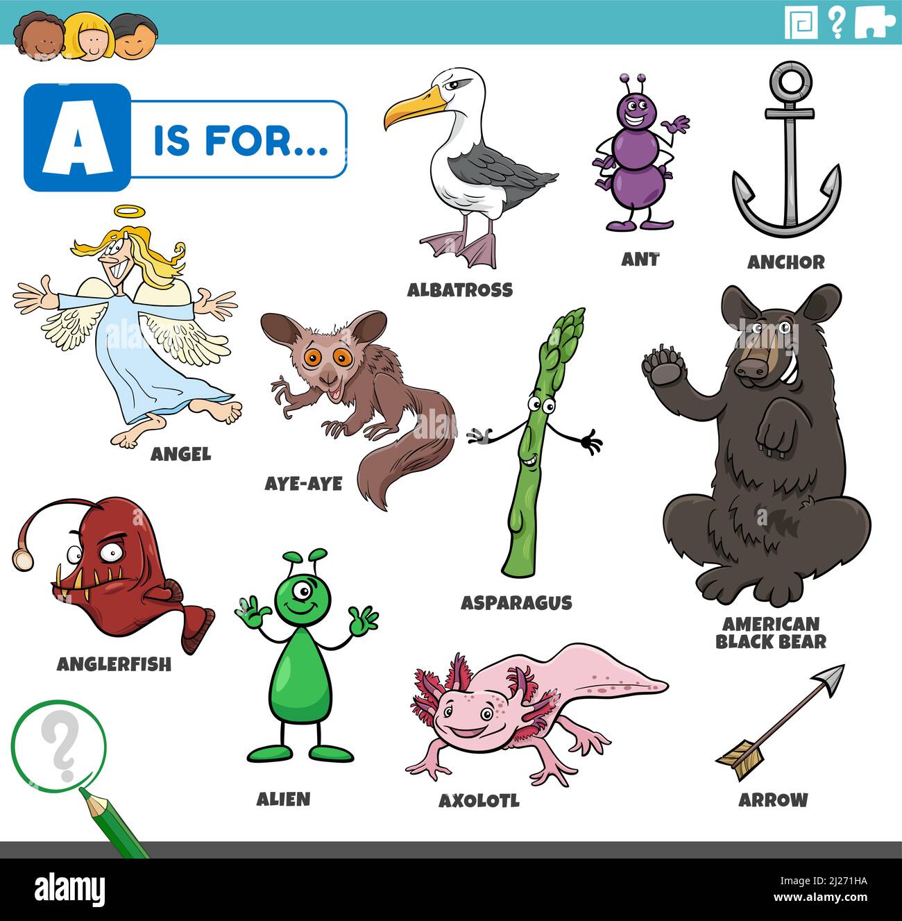 educational cartoon illustration of comic characters and objects