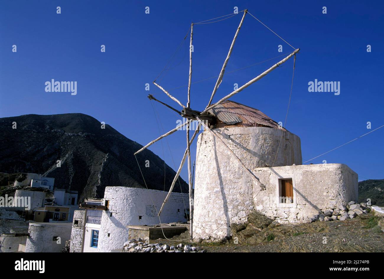 Olymbos, Olimpos, old windmills,  Karpathos island, Dodecanese, Greece, Europe Stock Photo