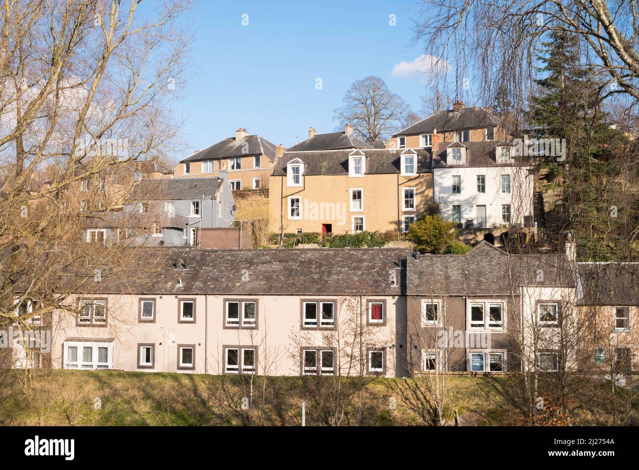 Houses above the Jed Water in Jedburgh, Scottish Borders, Scotland, UK Stock Photo