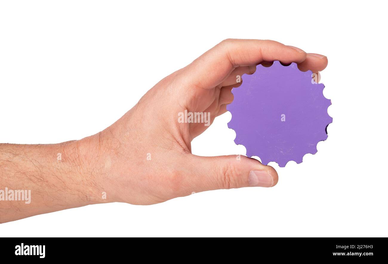 Application settings. Man holding gear isolated on white background. Hand with violet cog wheel. High quality photo Stock Photo