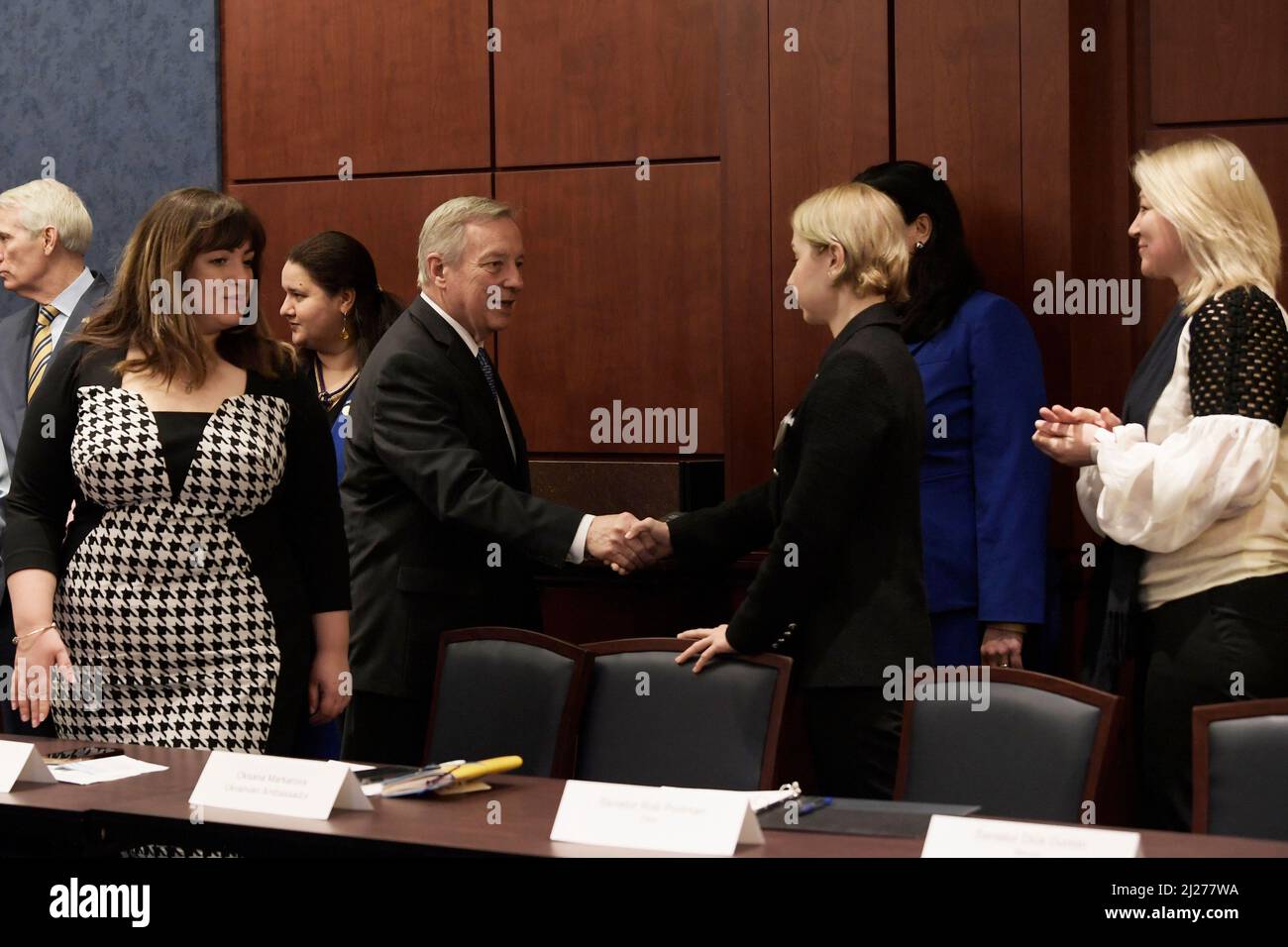 Washington, USA. 30th Mar, 2022. US Senator Dirk Durbin(D-IL) greets to Ukraine Caucus during the meeting with members of the Ukraine Parliament, today on March 30, 2022 at SVC/Capitol Hill in Washington DC, USA. (Photo by Lenin Nolly/Sipa USA) Credit: Sipa USA/Alamy Live News Stock Photo