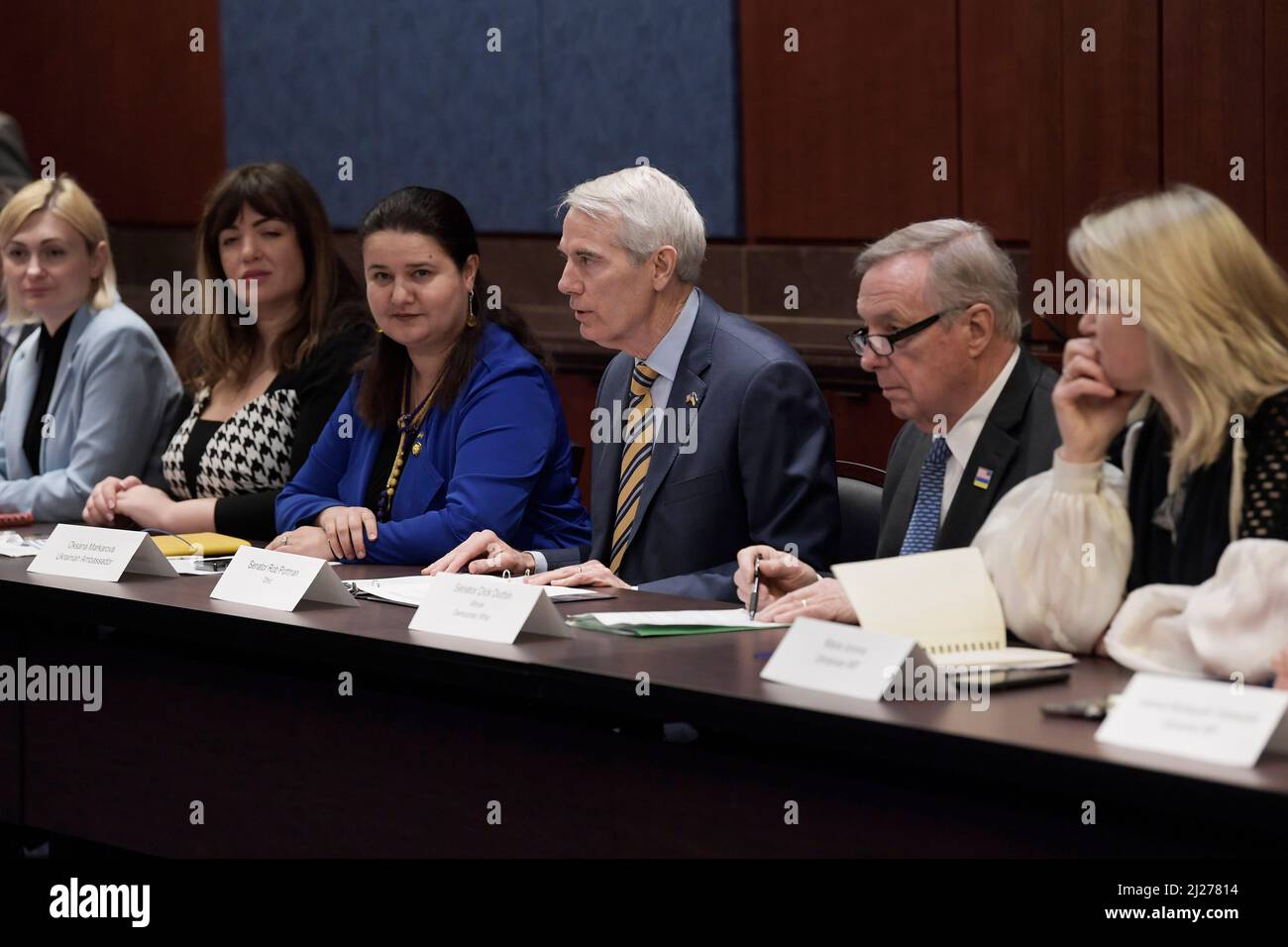 Washington, USA. 30th Mar, 2022. US Senators Robert Portman(R-OH), Dirk Durbin(D-IL) and Ukraine Caucus hold a meeting with members of the Ukraine Parliament, today on March 30, 2022 at SVC/Capitol Hill in Washington DC, USA. (Photo by Lenin Nolly/Sipa USA) Credit: Sipa USA/Alamy Live News Stock Photo