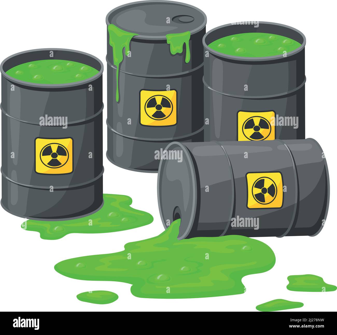 Radioactive waste barrels with spilling green poison liquid isolated on white background Stock Vector