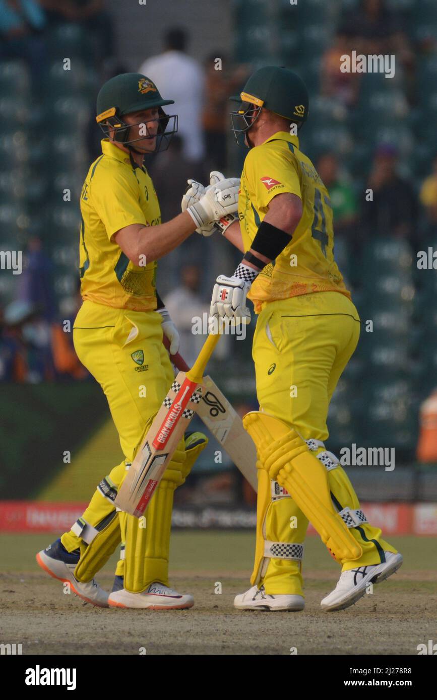 March 29, 2022, Lahore, Punjab, Pakistan: Australian player Ben McDermott completed his 50 up runs during first one-day international (ODI) cricket match between Pakistan and Australia at the Gaddafi Cricket Stadium in Provincial Capital. (Credit Image: © Rana Sajid Hussain/Pacific Press via ZUMA Press Wire) Stock Photo