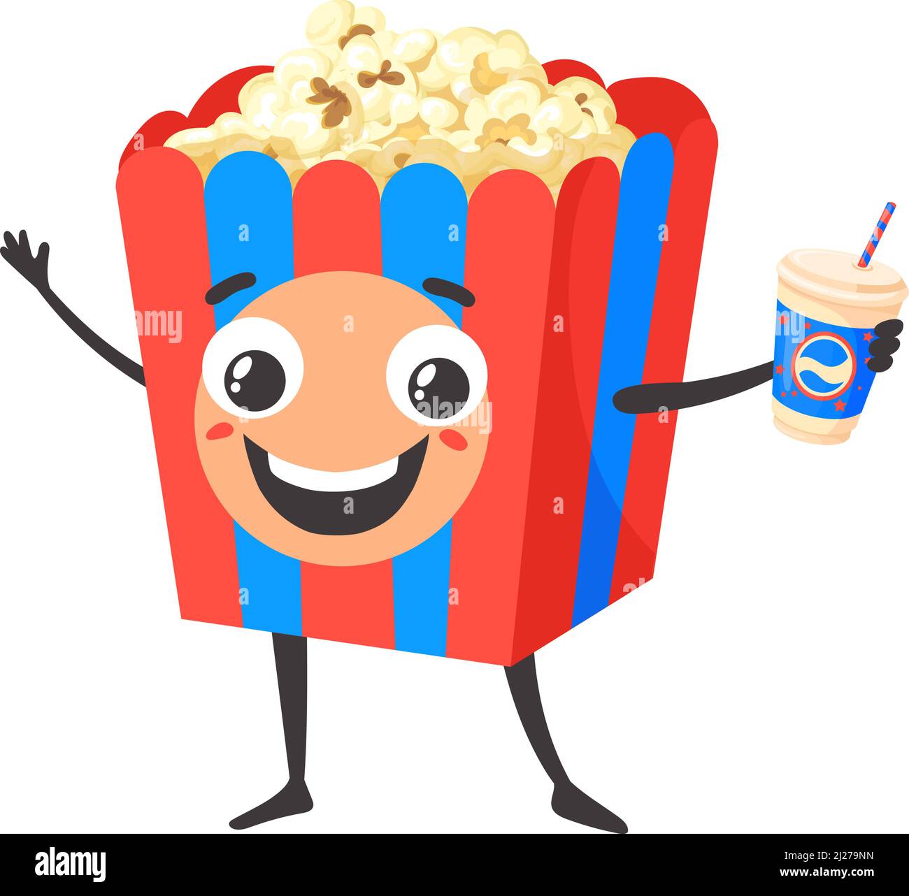 Happy popcorn character. Cartoon movie fun mascot isolated on white