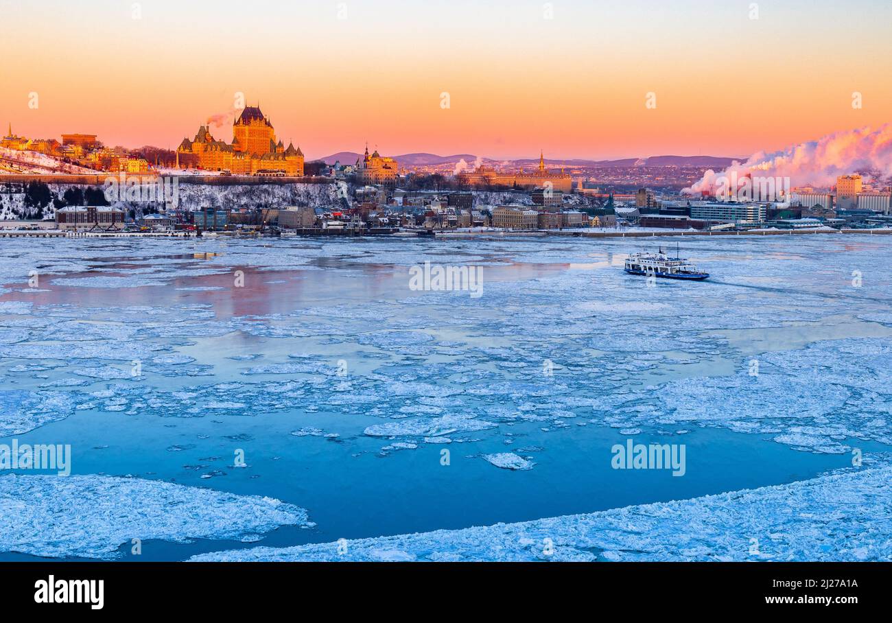 View of the old city of Quebec, Quebec, Canada, icy morning, Stock Photo