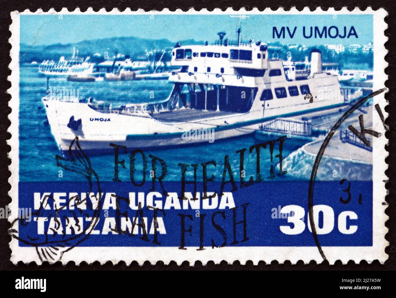 KENYA, UGANDA, TANZANIA - CIRCA 1969: a stamp printed in the Kenya, Uganda, Tanzania shows Railroad Ferry MV Umoja, circa 1969 Stock Photo