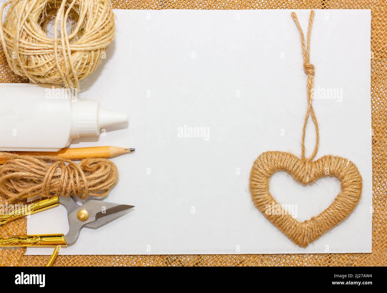 handmade jewelry. Jute Hearts, No Waste Valentine's Day Concept and Layout. Stock Photo