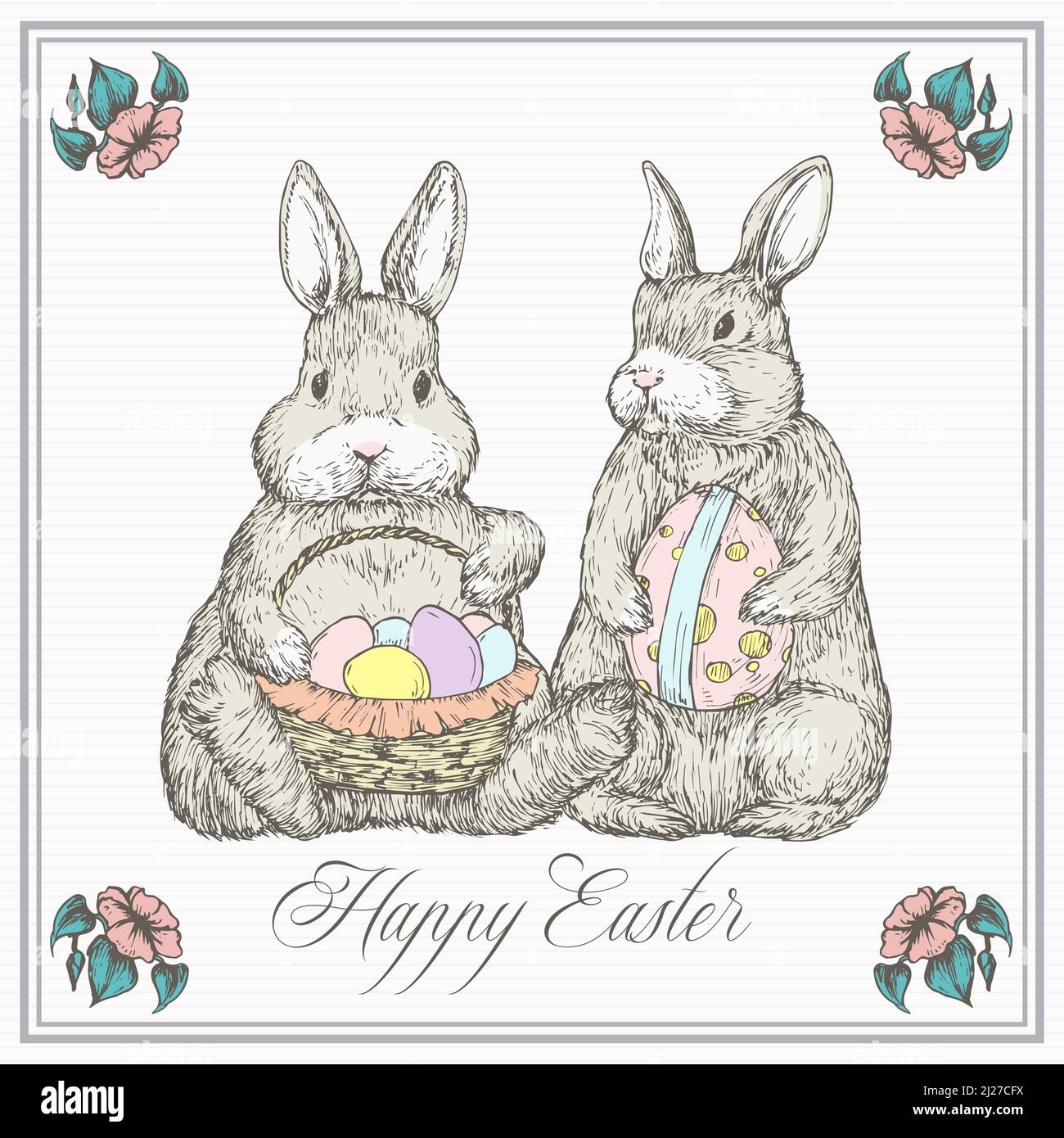 Easter Greeting Card with Hand Drawn Cute Bunnies Vector Illustration. Little Rabbits holding Basket Full of Eggs Abstract Sketch. Spring Holiday Stock Vector