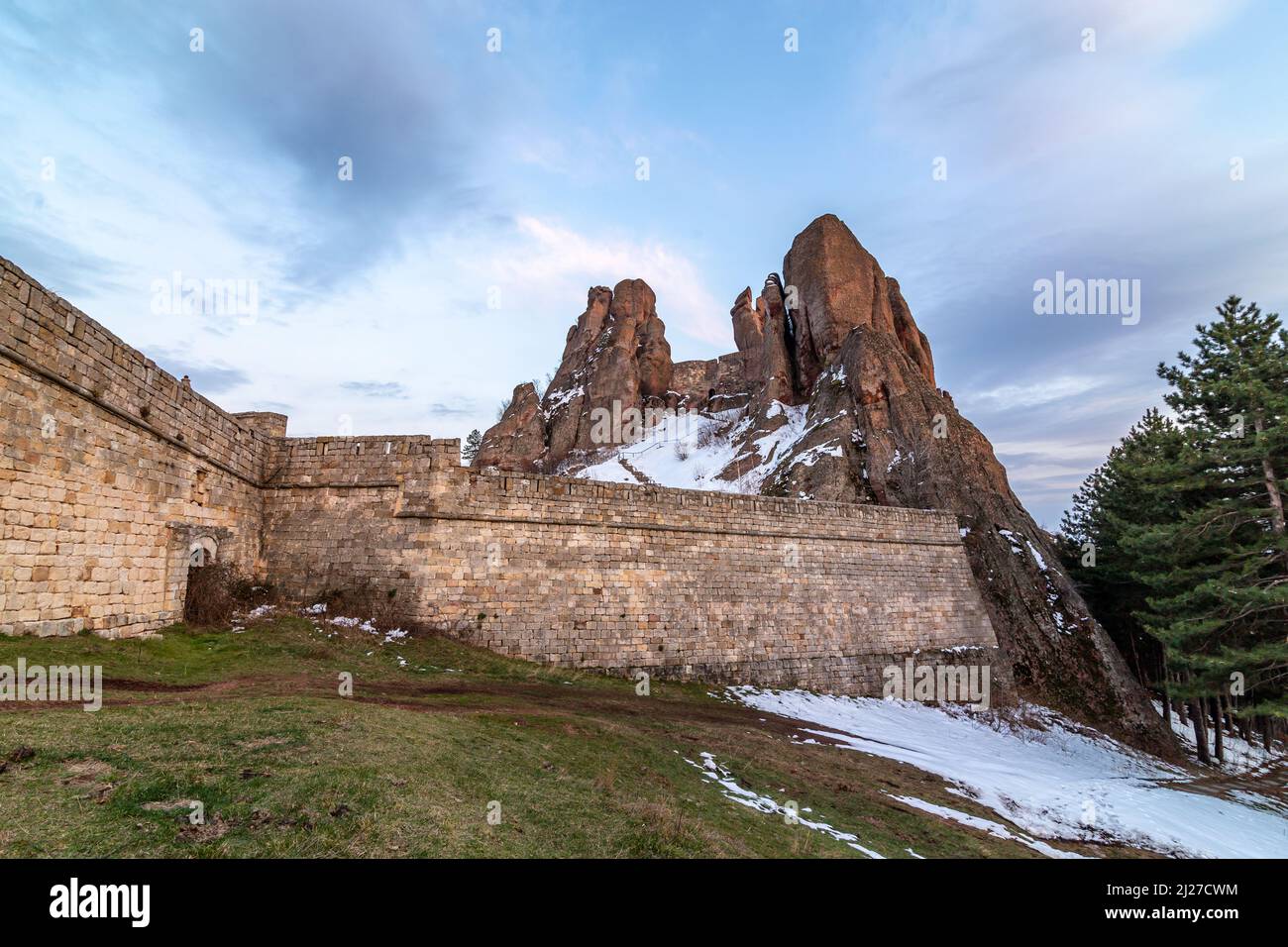 Belegarth Rocks Belogradchik rock with the fortress walls surrounding it. Aerial view ...