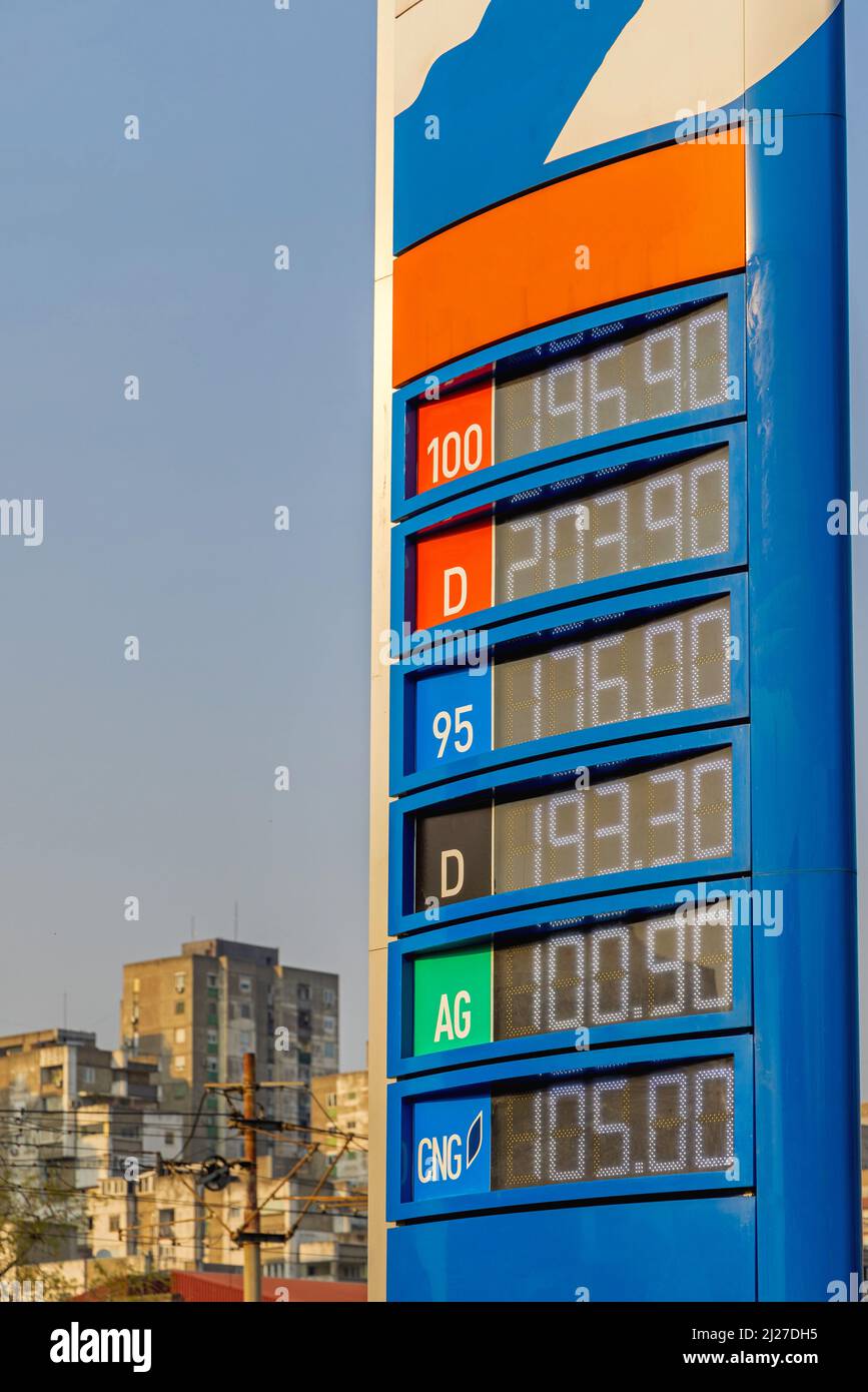 Petrol Station Fuel Prices at Tall Totem Tower Stock Photo