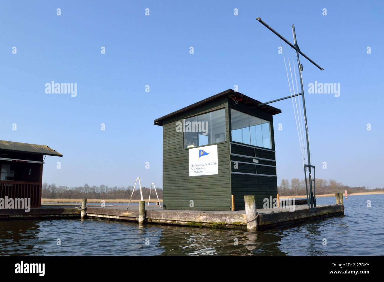 Norfolk Punt Club floating clubhouse in the middle of Barton Broad, Broads National Park, Norfolk, UK Stock Photo
