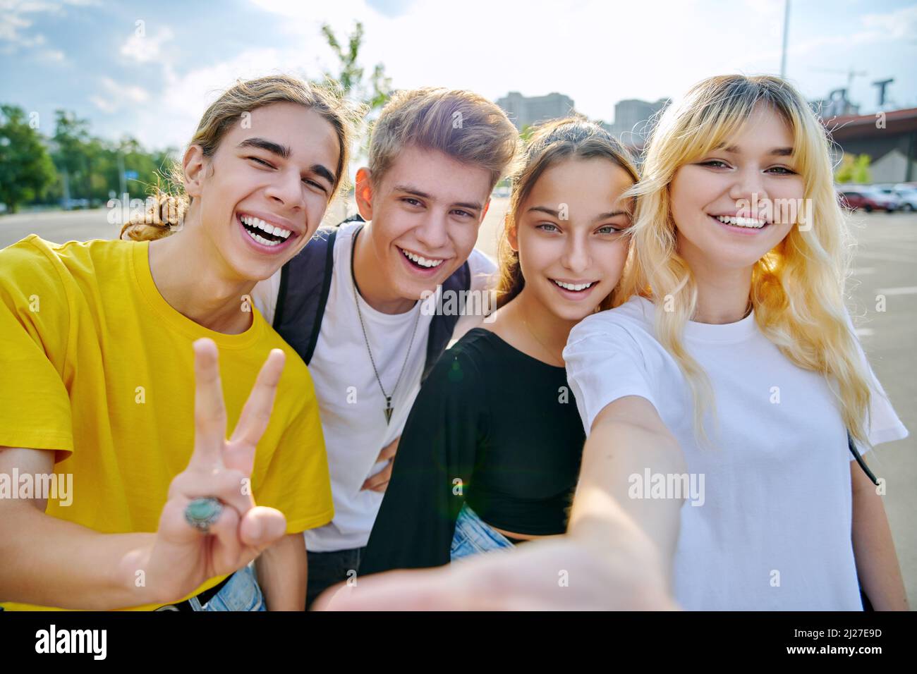 Group of happy teenage friends taking selfie photo Stock Photo