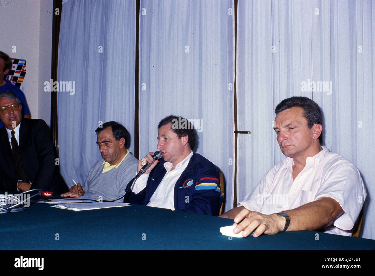The Press Conference of Jean Todt, Corrado Provera and Andre'de Cortanze after exclusion of Team Peugeot Stock Photo