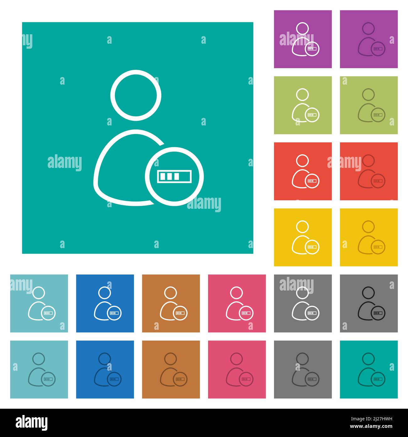 User processing outline multi colored flat icons on plain square backgrounds. Included white and darker icon variations for hover or active effects. Stock Vector