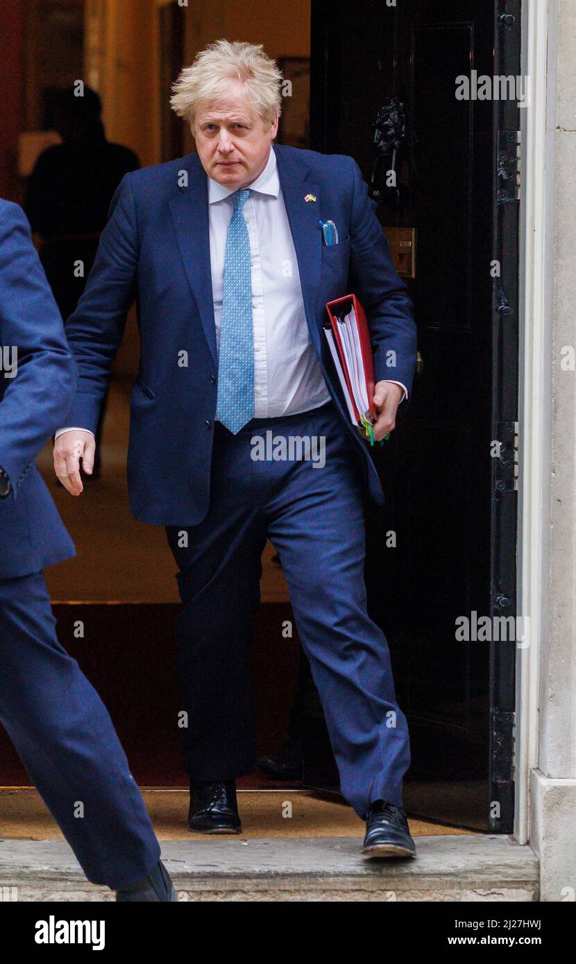 London, UK. 30th Mar, 2022. Prime Minister, Boris Johnson, leaves number 10 Downing Street to go to the Houses of Parliamnet for Prime Ministers Questions. He will face Sir Keir Starmer across the despatch box. Credit: Mark Thomas/Alamy Live News Stock Photo
