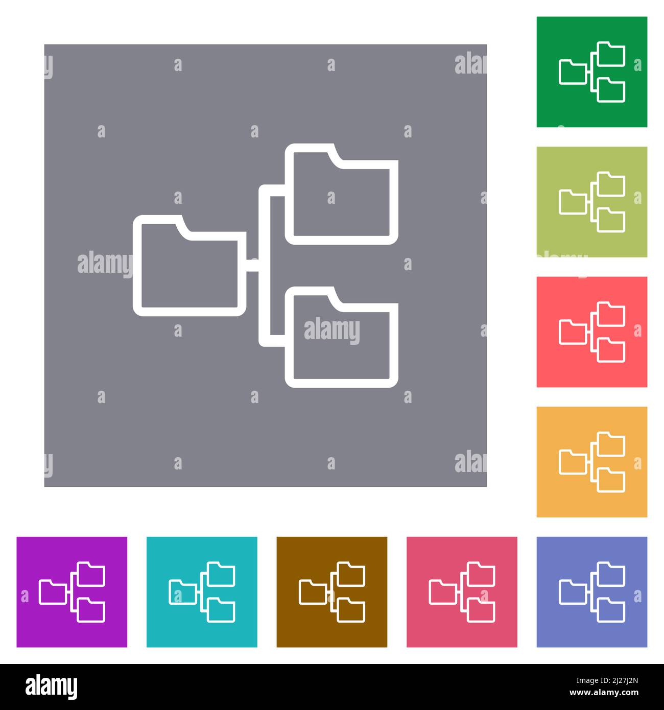 Shared folders outline flat icons on simple color square backgrounds Stock Vector