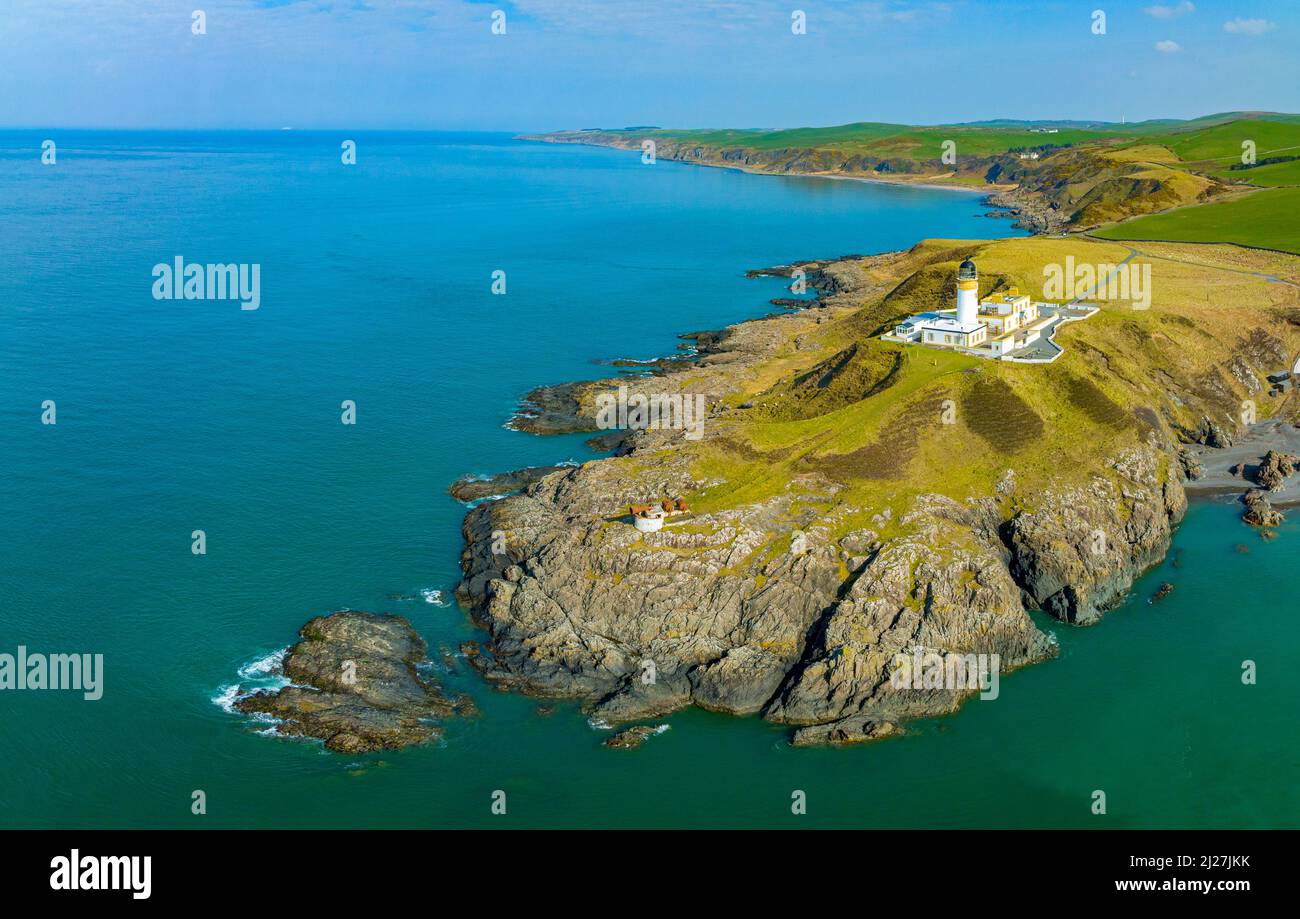 Aerial view from drone of Killantringan Lighthouse near Portpatrick on Southern Upland Way  in Dumfries and Galloway, Scotland, UK Stock Photo
