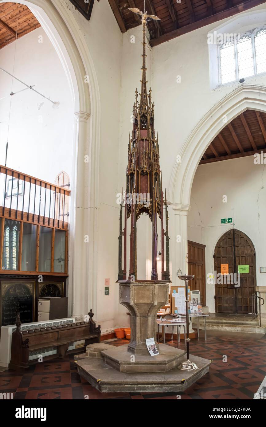 The Perpendicular font cover in St James' church, Castle Acre, Norfolk. Stock Photo