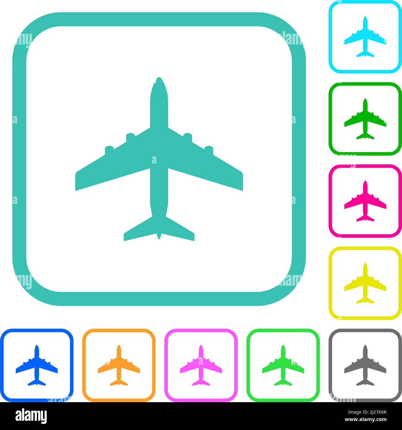 Passenger aircraft vivid colored flat icons in curved borders on white ...