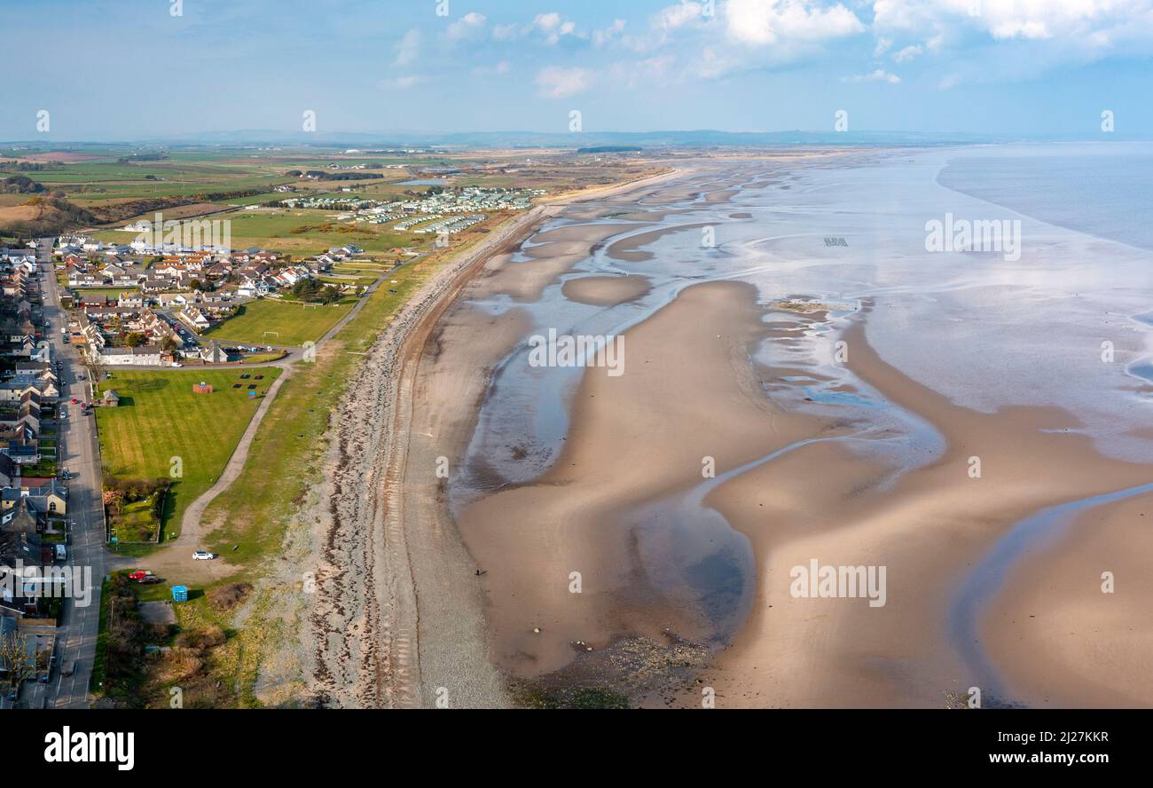 Aerial view from drone of village of Sandhead and Sands of Luce beach in Dumfries and Galloway, Scotland, UK Stock Photo