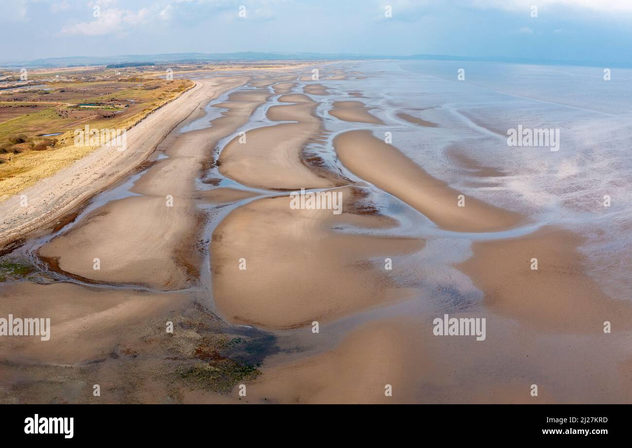 Aerial view from drone of Sands of Luce beach in Dumfries and Galloway, Scotland, UK Stock Photo