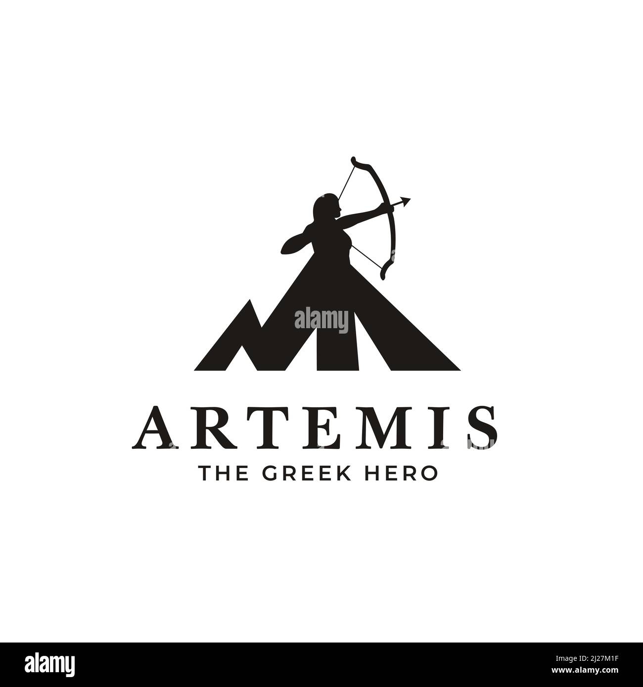 Illustration of Greek Goddess Artemis with bow and arrow logo on top of a mountain. Stock Vector