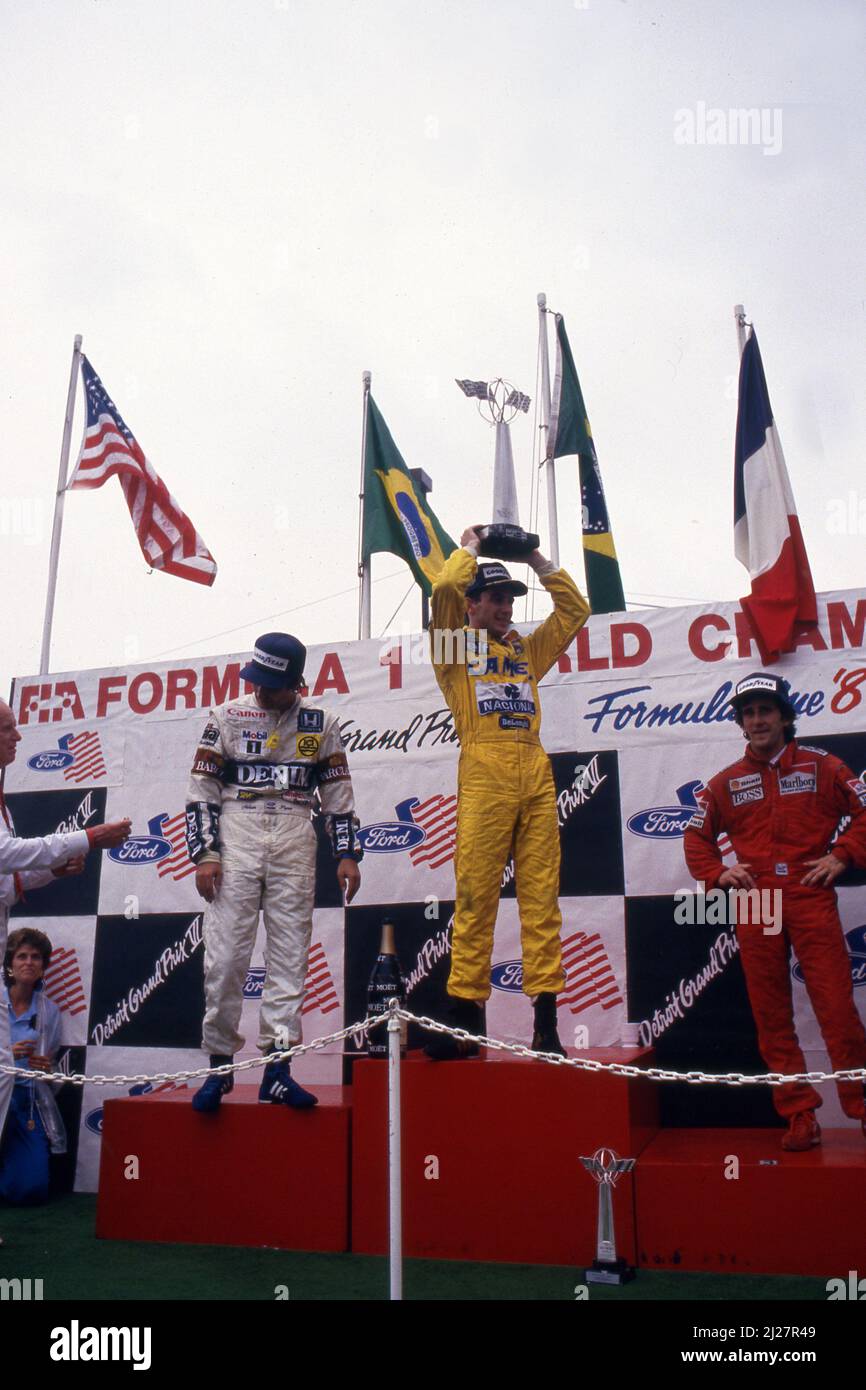Ayrton Senna da Silva (BRA) Lotus  1st position ,Nelson Piquet (BRA) Williams 2nd position and Alain Prost (FRA) McLaren 3rd position celebrate podium Stock Photo