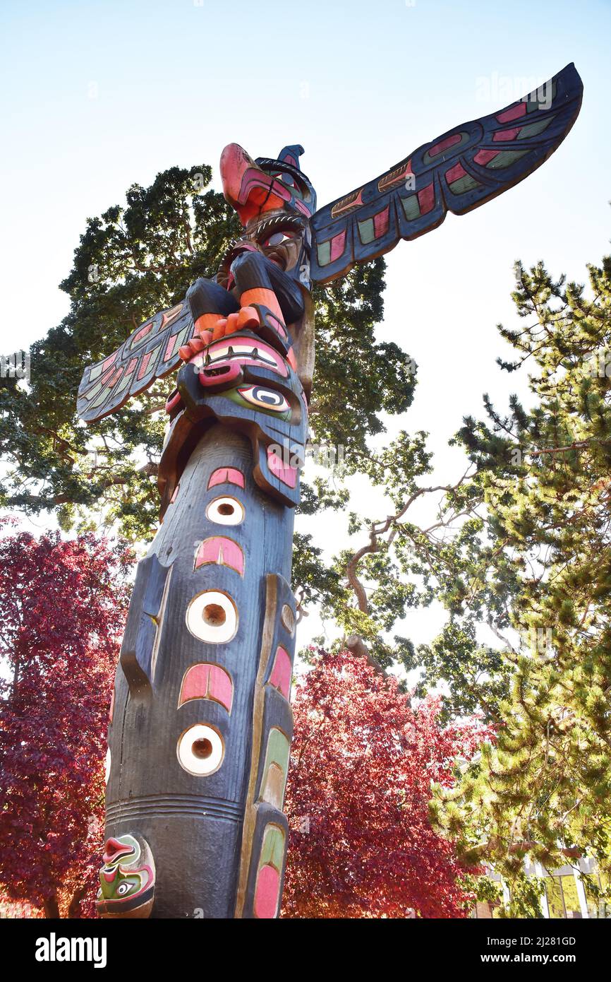 Totem Pole in Victoria, Vancouver Island, British Columbia, Canada Stock Photo